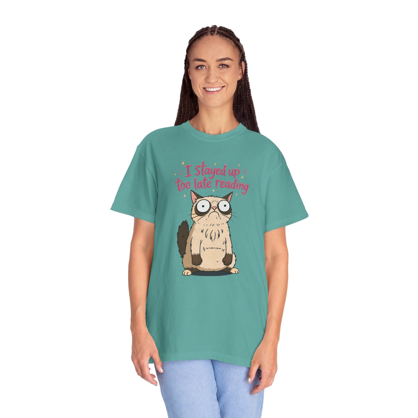 "I Stayed Up Too Late Reading" Cat T-Shirt — Cute Book Lover Graphic Tee