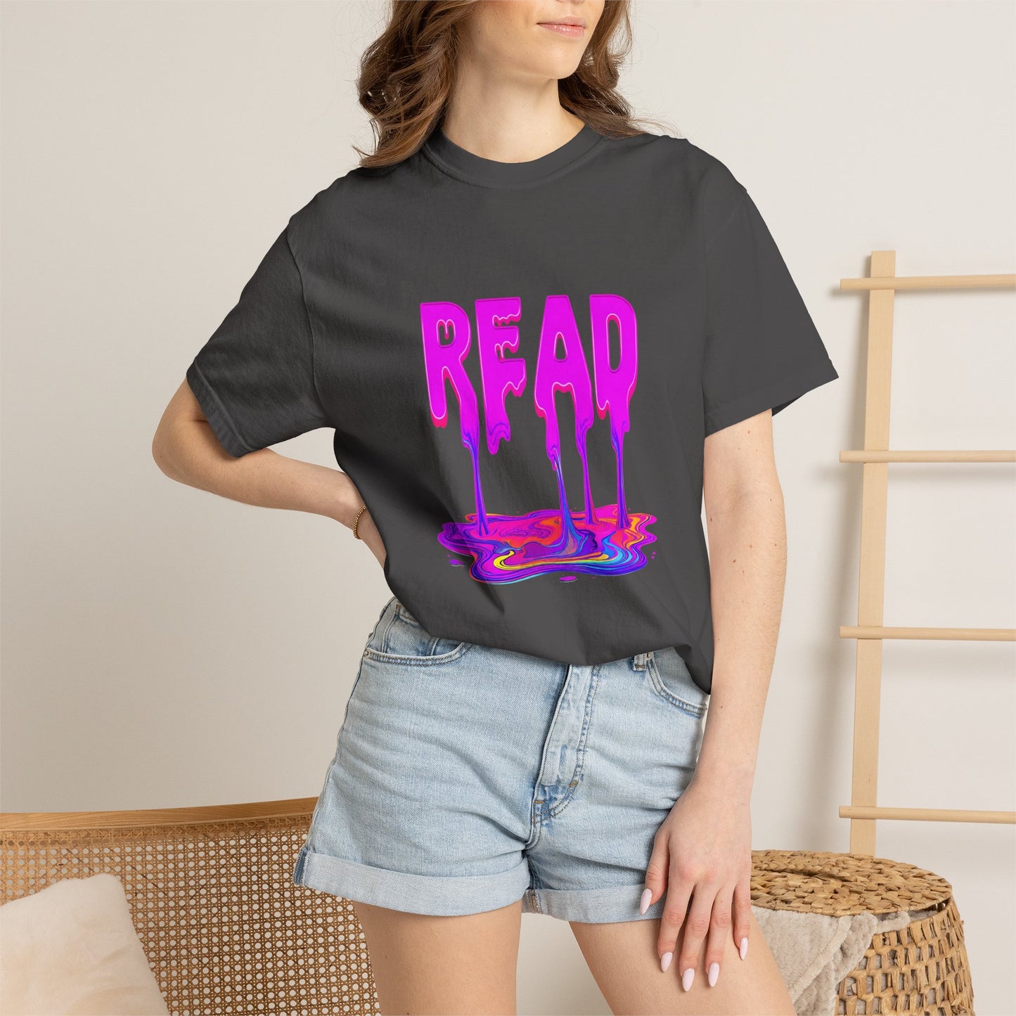 "READ" Dripping Graphic T-Shirt — Psychedelic Melting Book Design