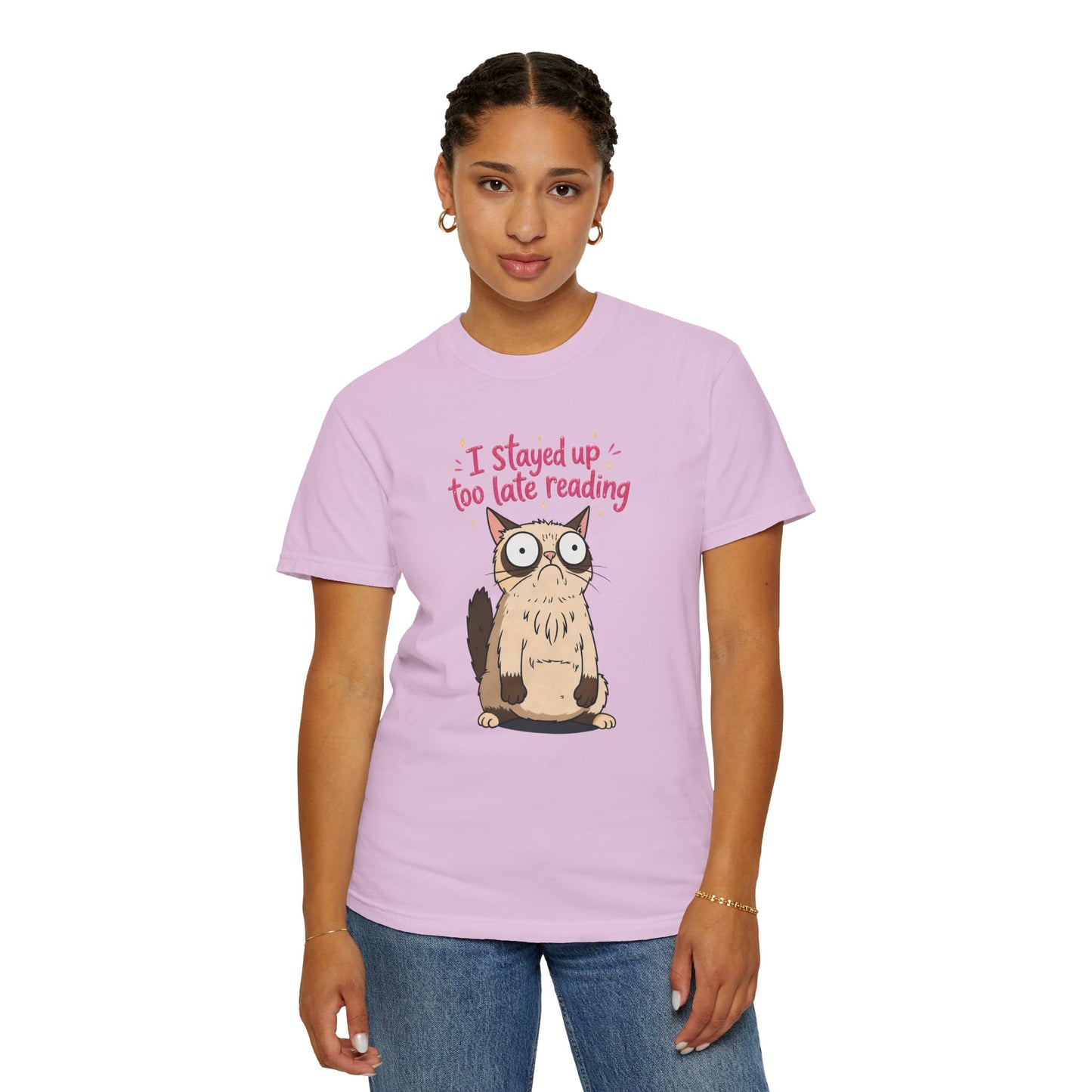 "I Stayed Up Too Late Reading" Cat T-Shirt — Cute Book Lover Graphic Tee