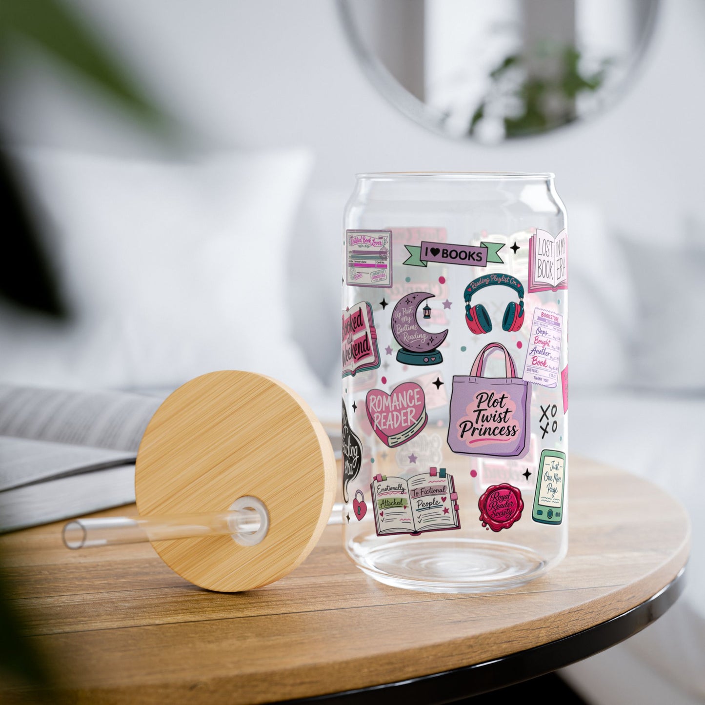 Romance Reader 16oz Sipper Glass with Retro Pink Sticker Collage