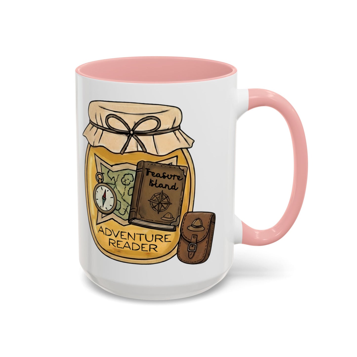 "Adventure Reader" Accent Coffee Mug — Bookish Travel Compass & Treasure Jam Jar Design