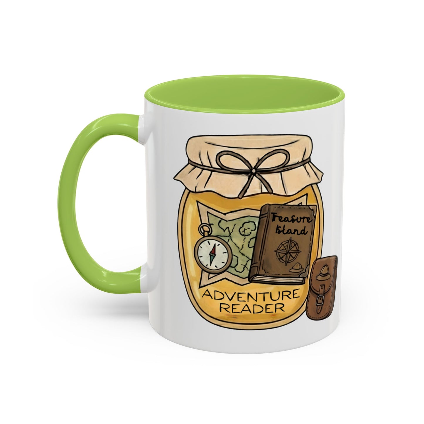 "Adventure Reader" Accent Coffee Mug — Bookish Travel Compass & Treasure Jam Jar Design