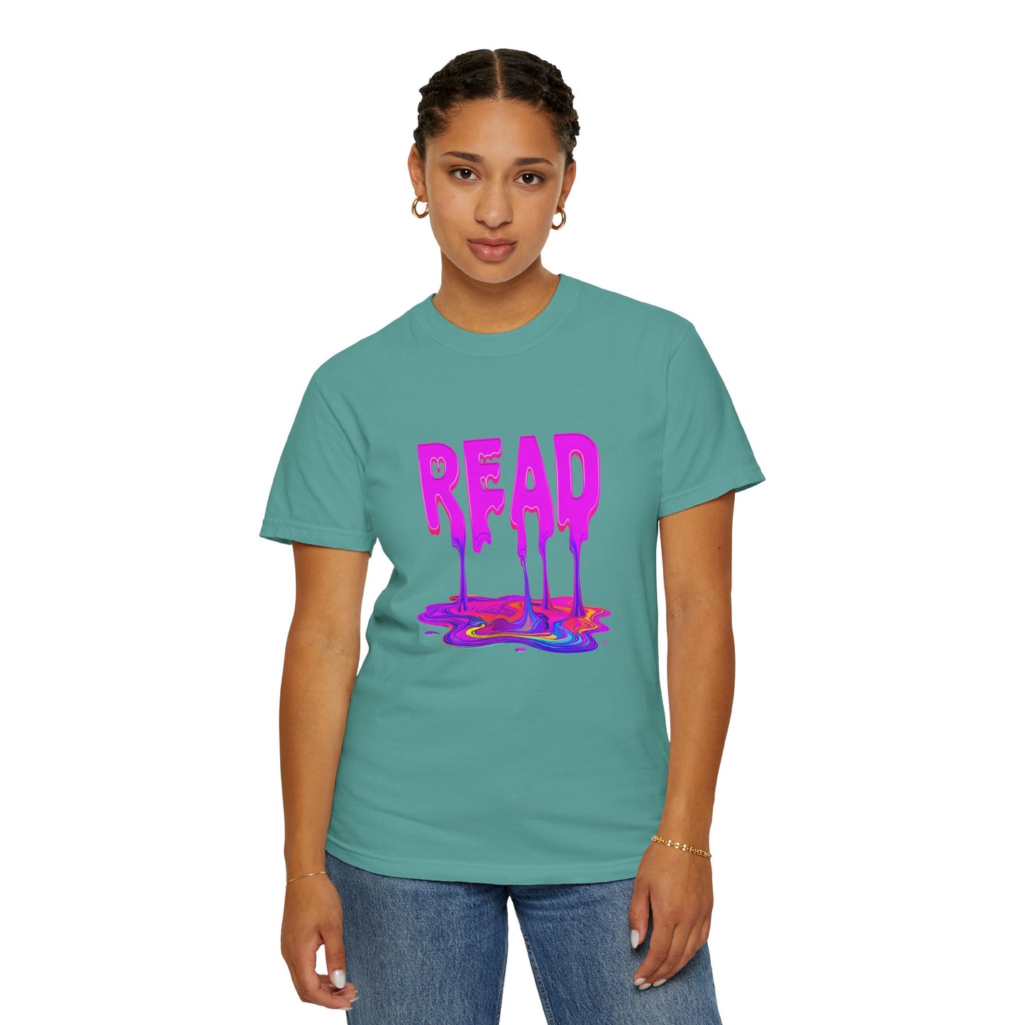 "READ" Dripping Graphic T-Shirt — Psychedelic Melting Book Design