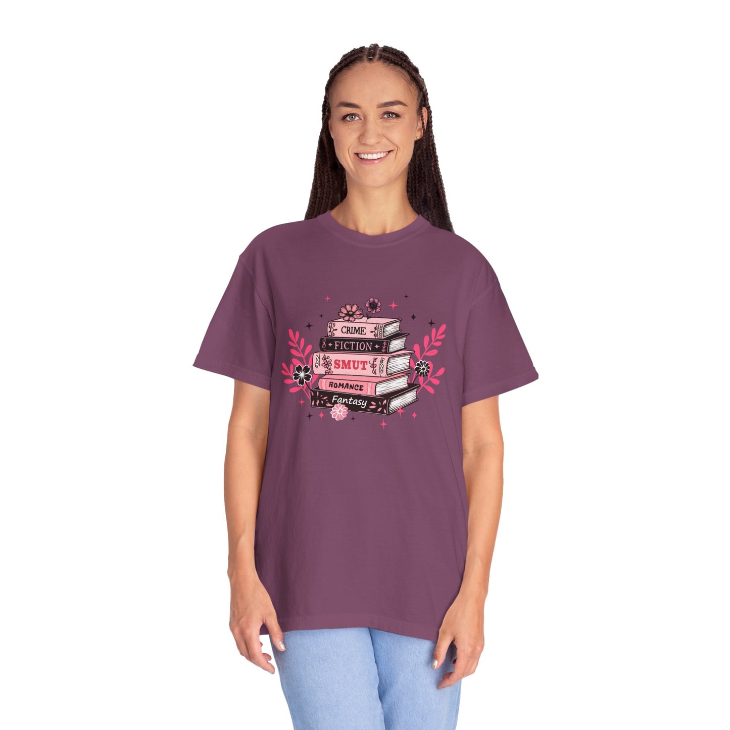Book Stack Graphic T-Shirt — Cute Floral Reading Shirt (Crime, Fiction, Smut, Romance)