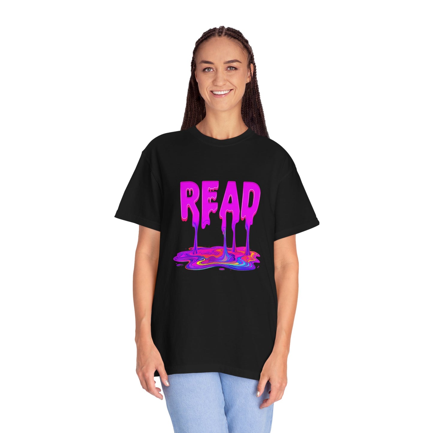 "READ" Dripping Graphic T-Shirt — Psychedelic Melting Book Design