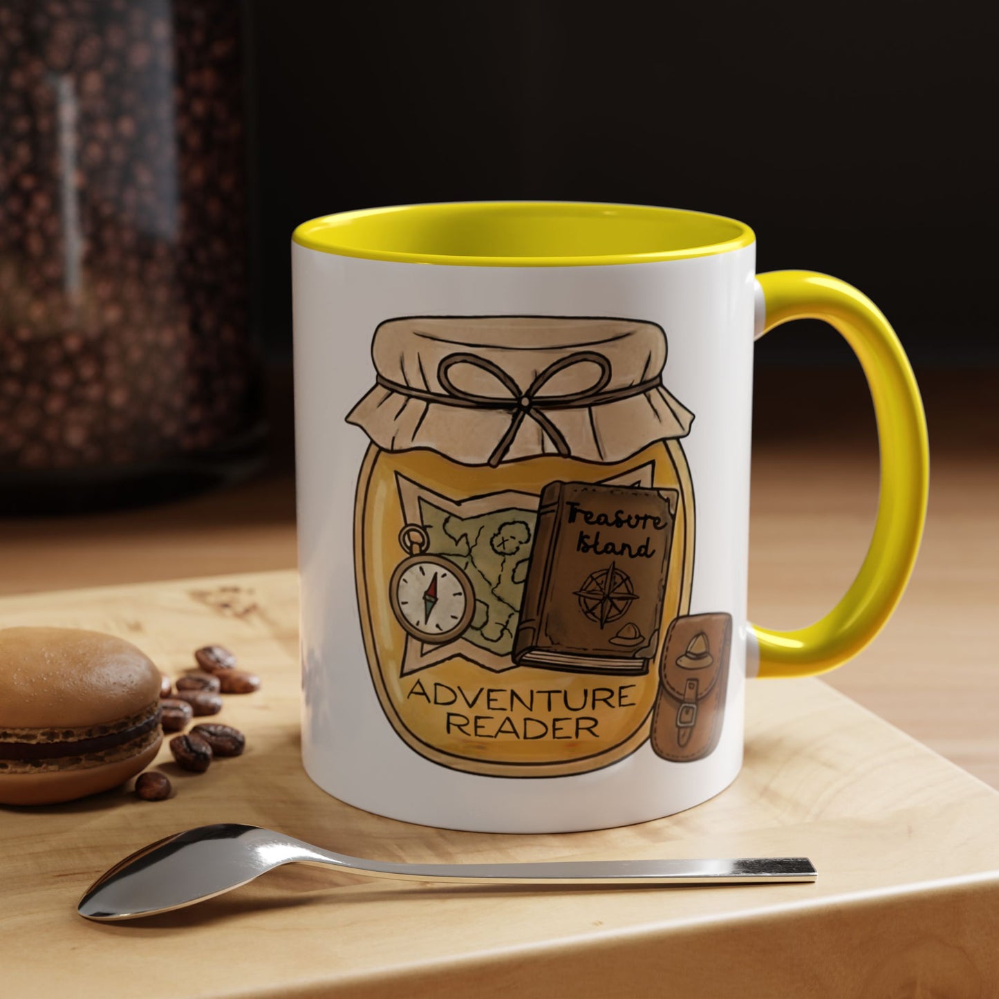 "Adventure Reader" Accent Coffee Mug — Bookish Travel Compass & Treasure Jam Jar Design