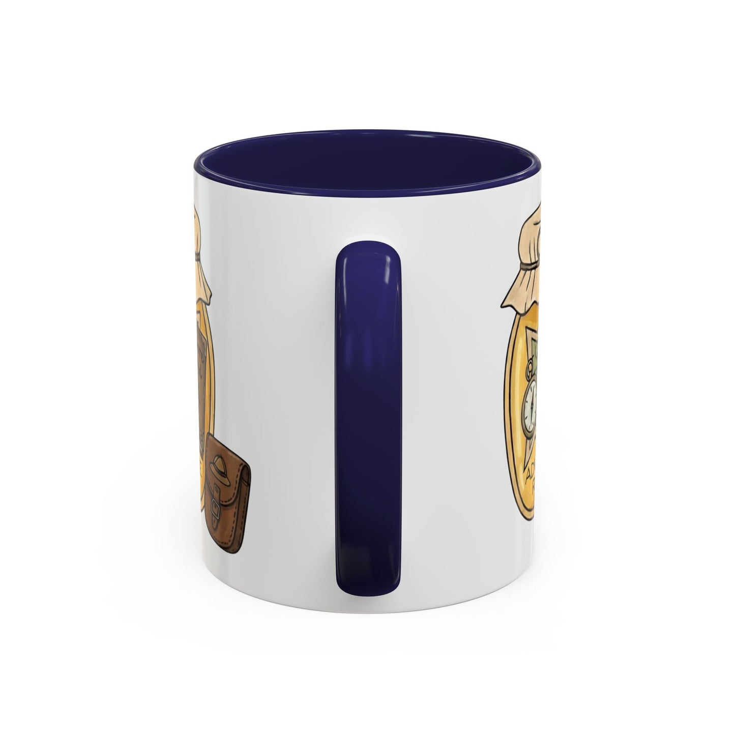 "Adventure Reader" Accent Coffee Mug — Bookish Travel Compass & Treasure Jam Jar Design
