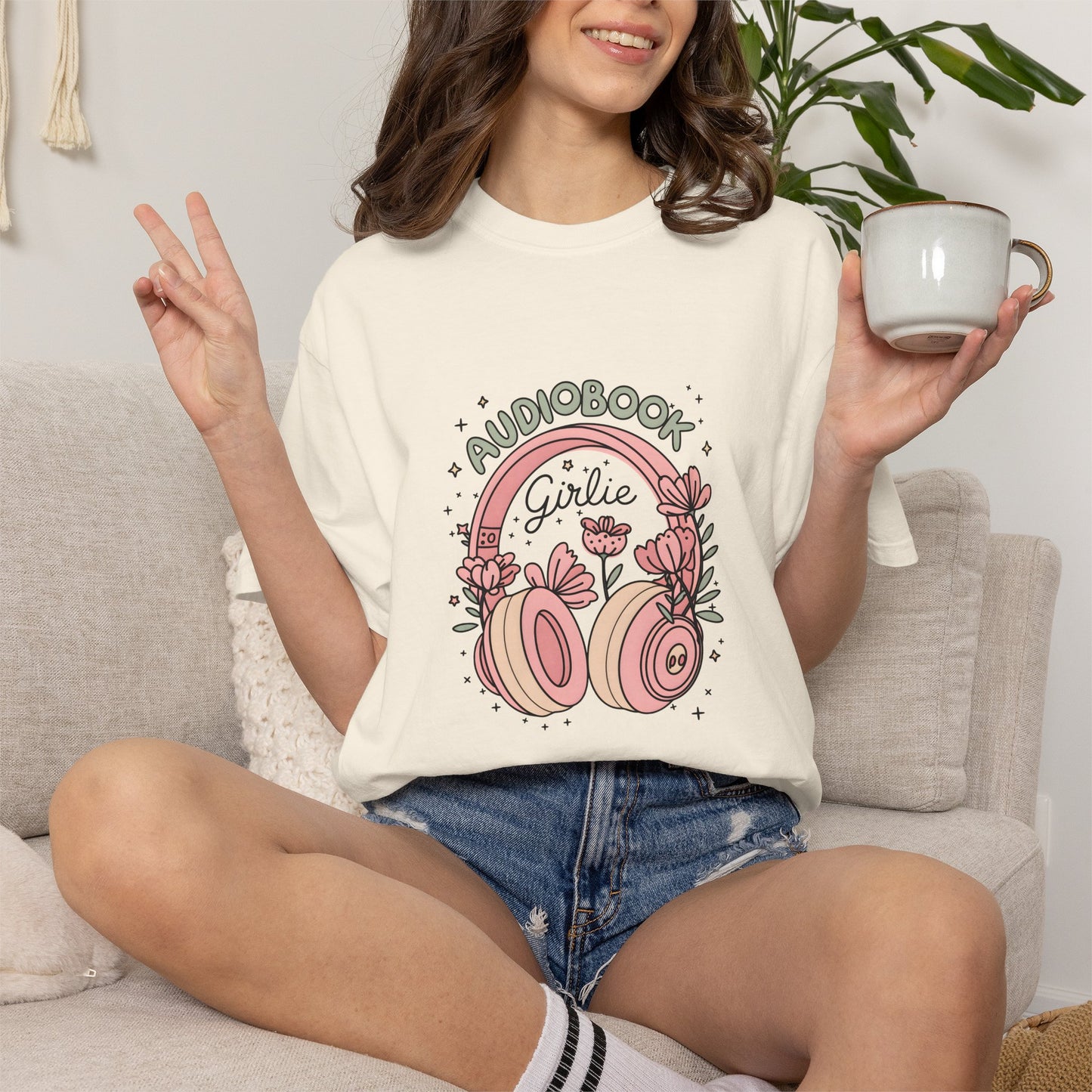 "Audiobook Girlie" T-Shirt — Floral Headphones Graphic Tee