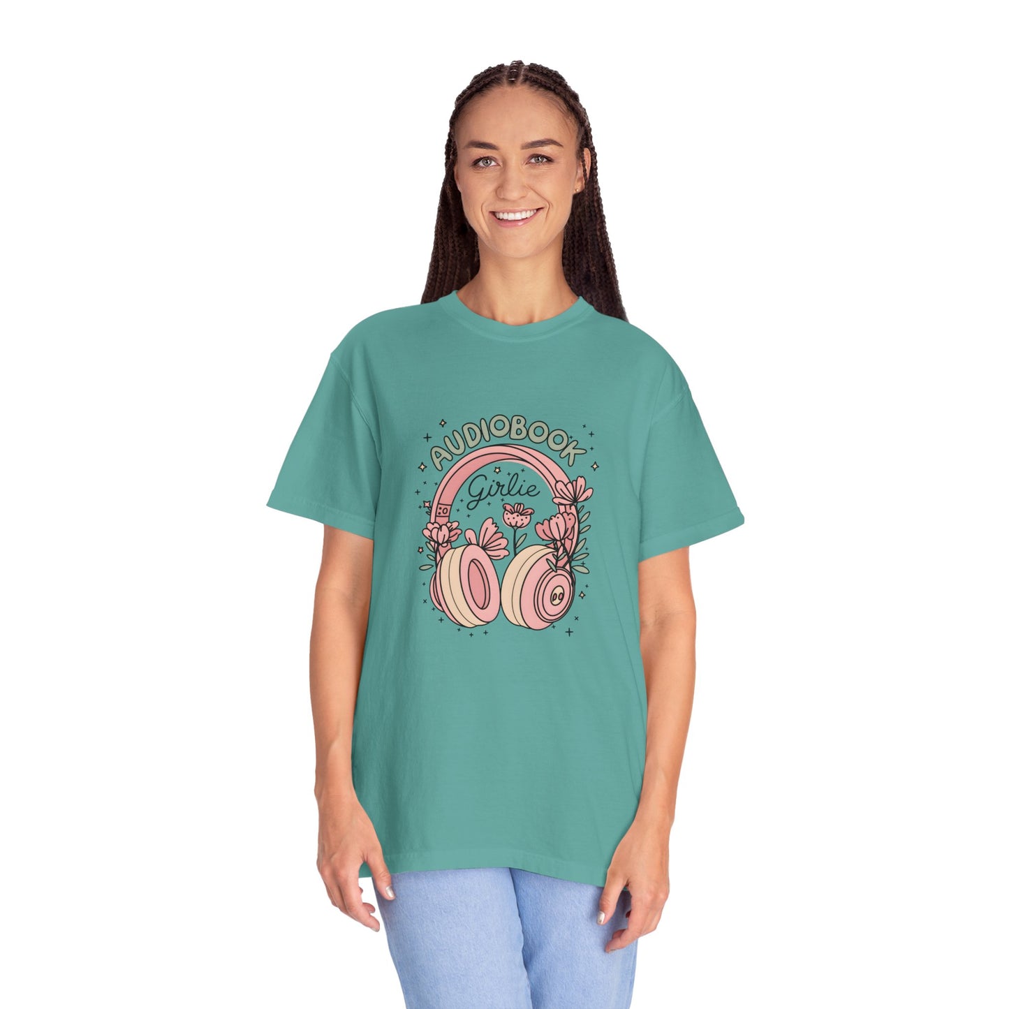 "Audiobook Girlie" T-Shirt — Floral Headphones Graphic Tee