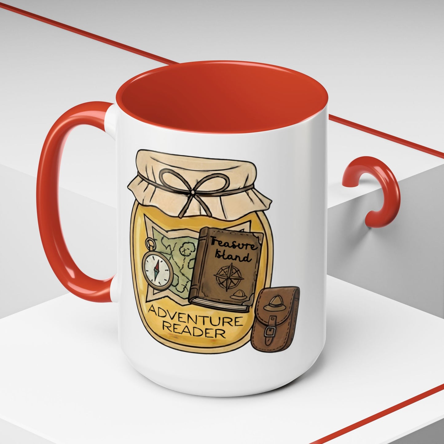 "Adventure Reader" Accent Coffee Mug — Bookish Travel Compass & Treasure Jam Jar Design