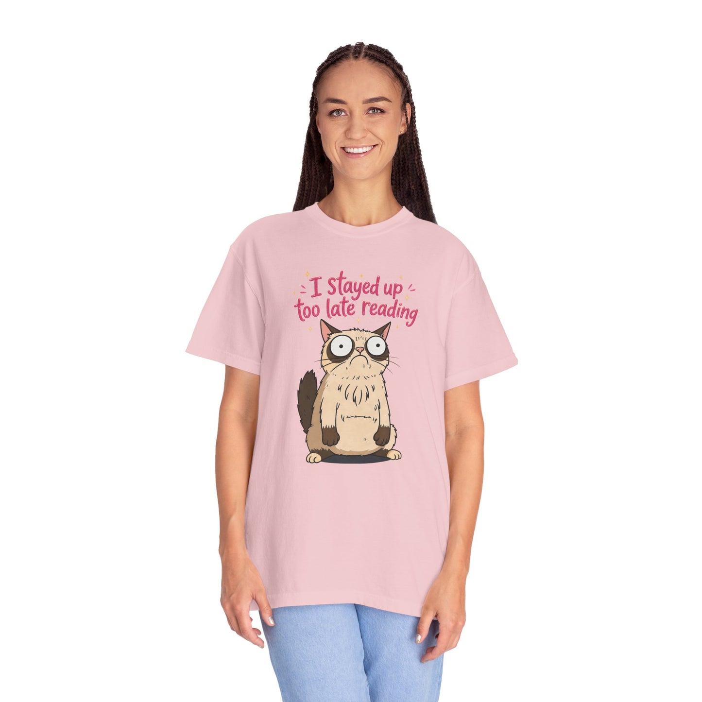 "I Stayed Up Too Late Reading" Cat T-Shirt — Cute Book Lover Graphic Tee