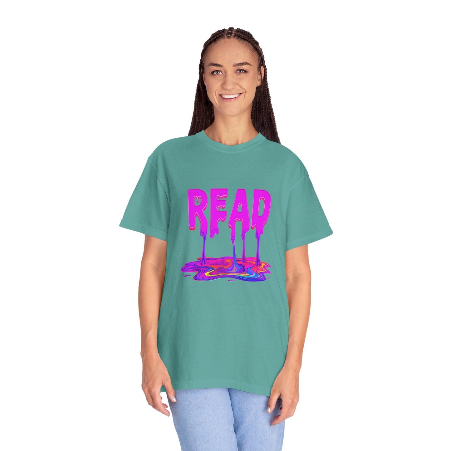 "READ" Dripping Graphic T-Shirt — Psychedelic Melting Book Design