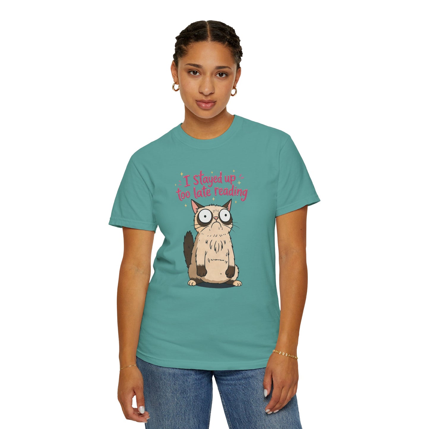 "I Stayed Up Too Late Reading" Cat T-Shirt — Cute Book Lover Graphic Tee