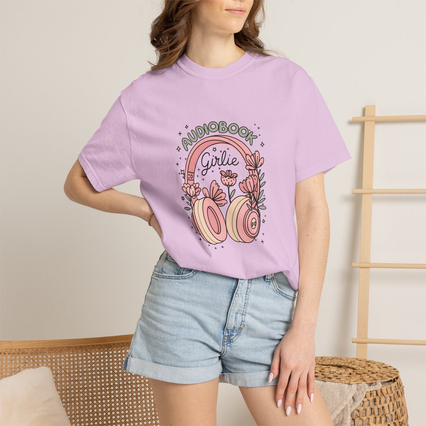 "Audiobook Girlie" T-Shirt — Floral Headphones Graphic Tee