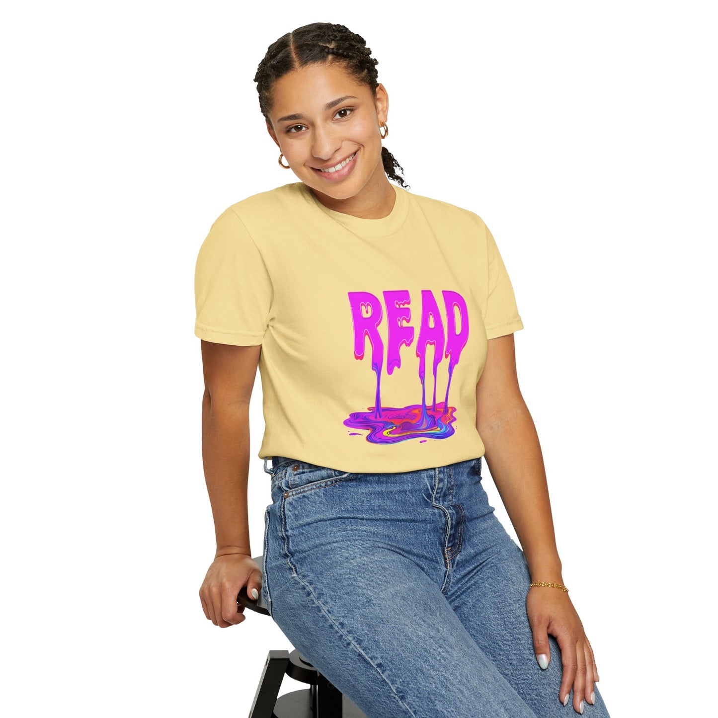 "READ" Dripping Graphic T-Shirt — Psychedelic Melting Book Design
