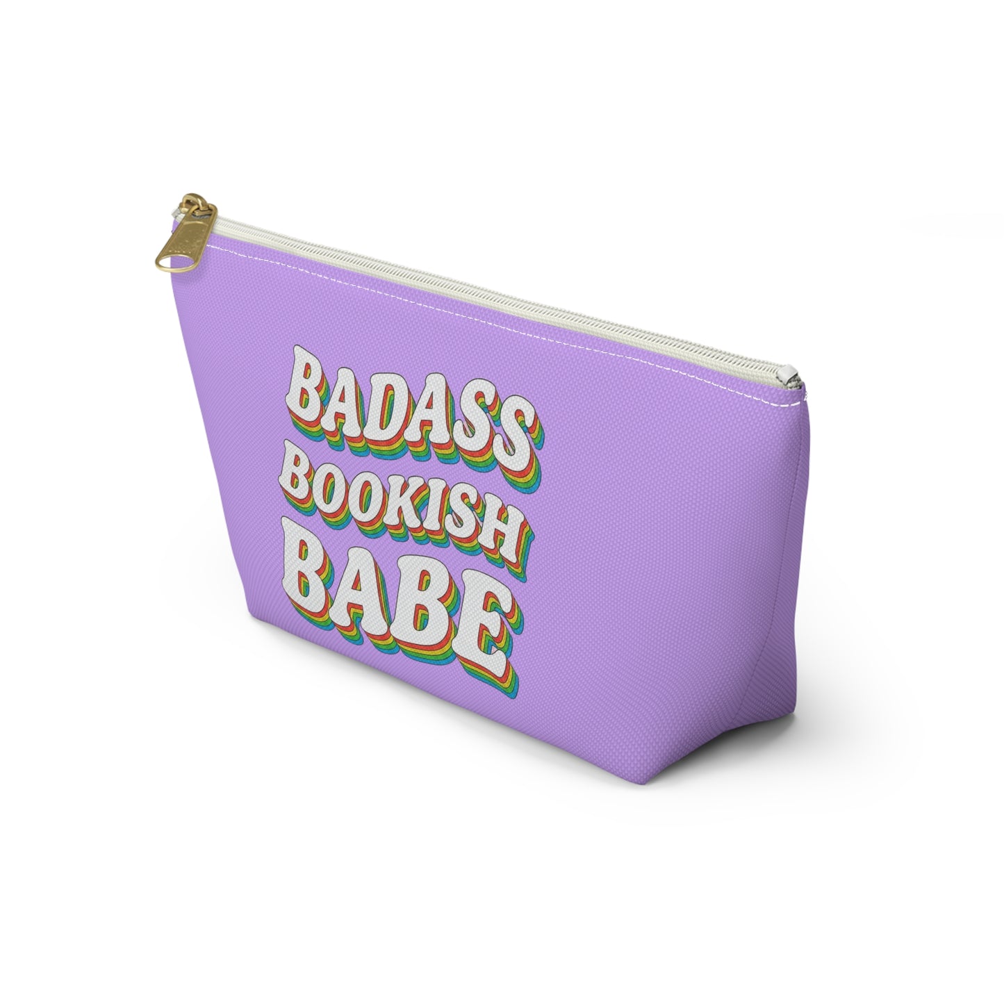 "Badass Bookish Babe" Accessory Pouch — Lavender T‑Bottom Makeup & Book Lover Organizer