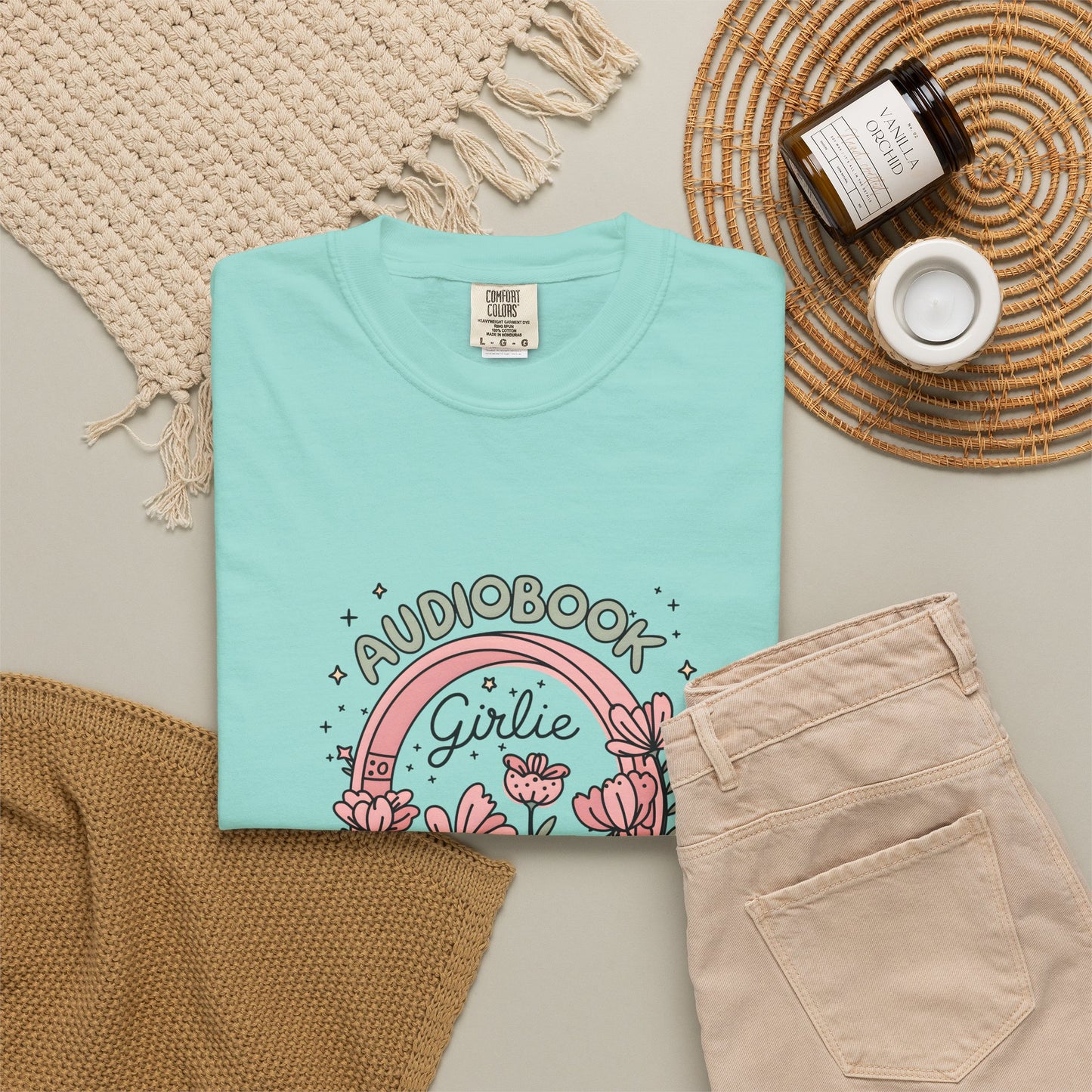 "Audiobook Girlie" T-Shirt — Floral Headphones Graphic Tee