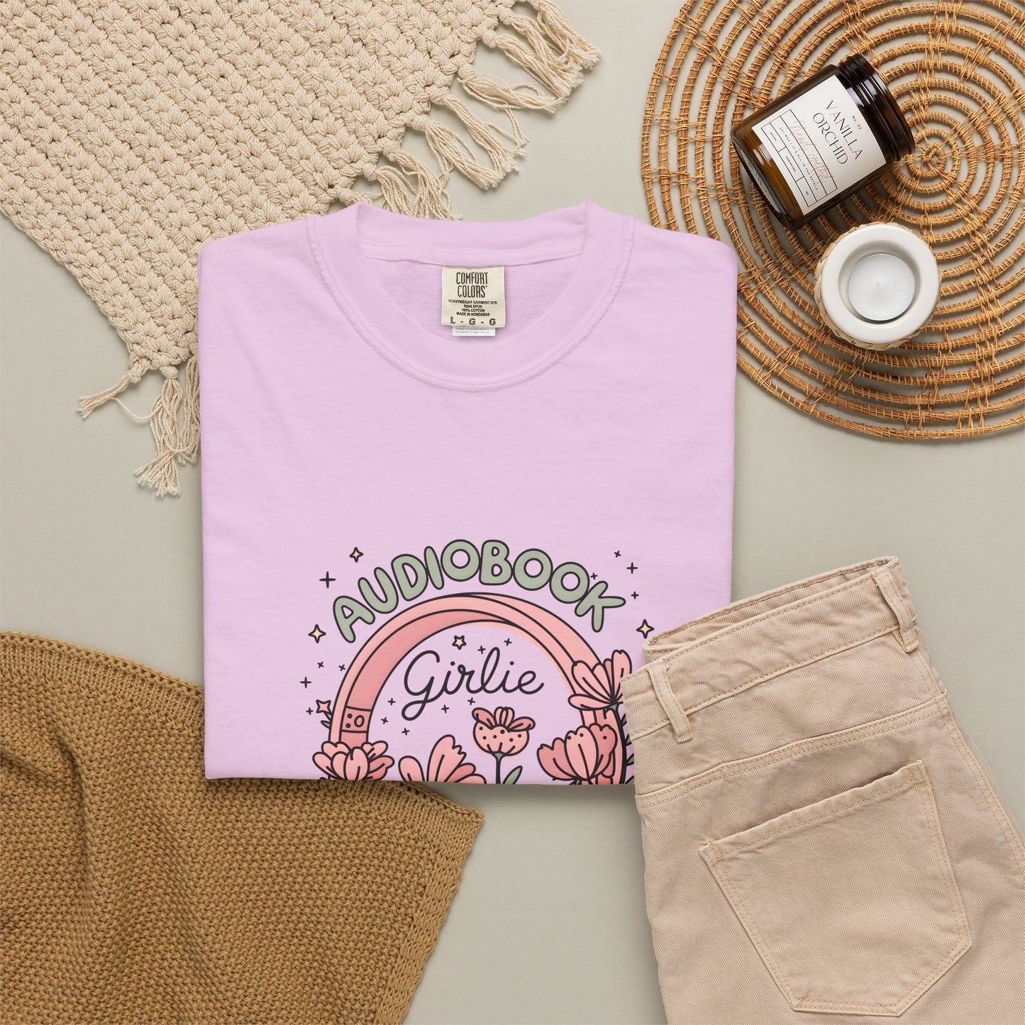 "Audiobook Girlie" T-Shirt — Floral Headphones Graphic Tee
