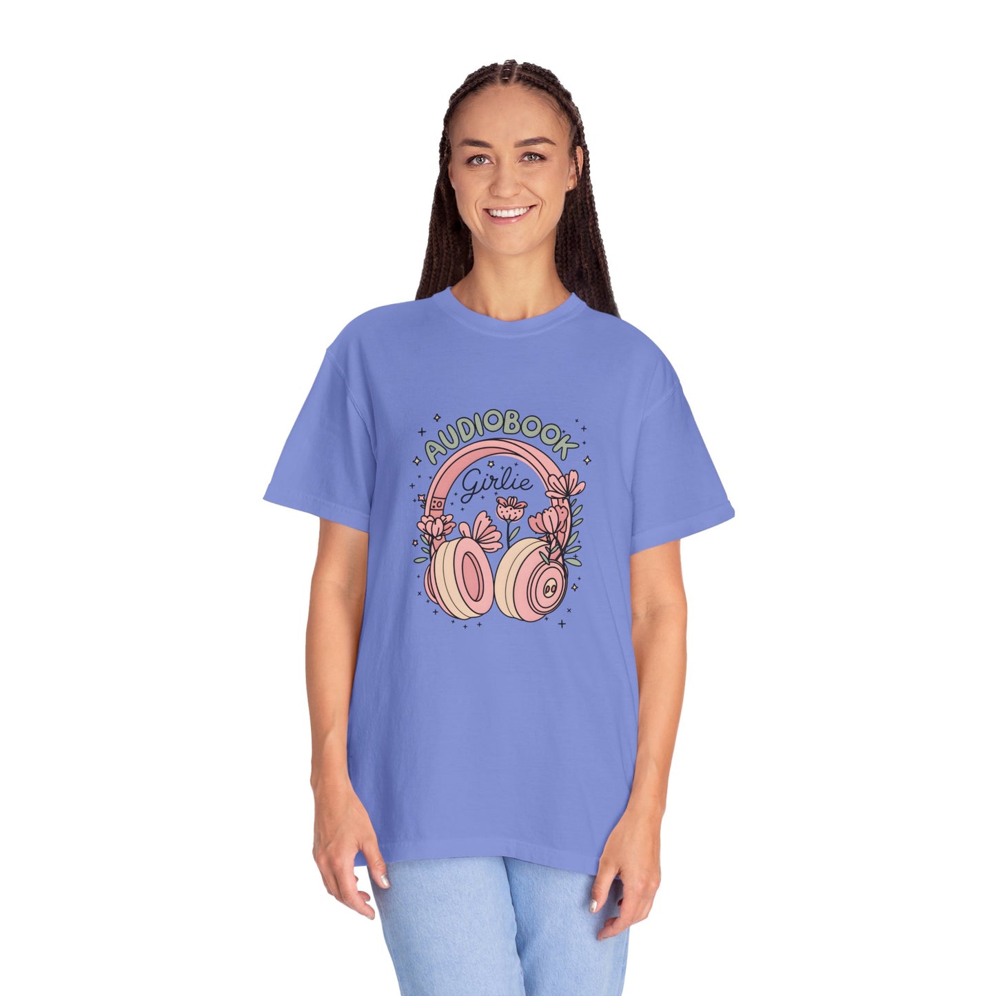 "Audiobook Girlie" T-Shirt — Floral Headphones Graphic Tee