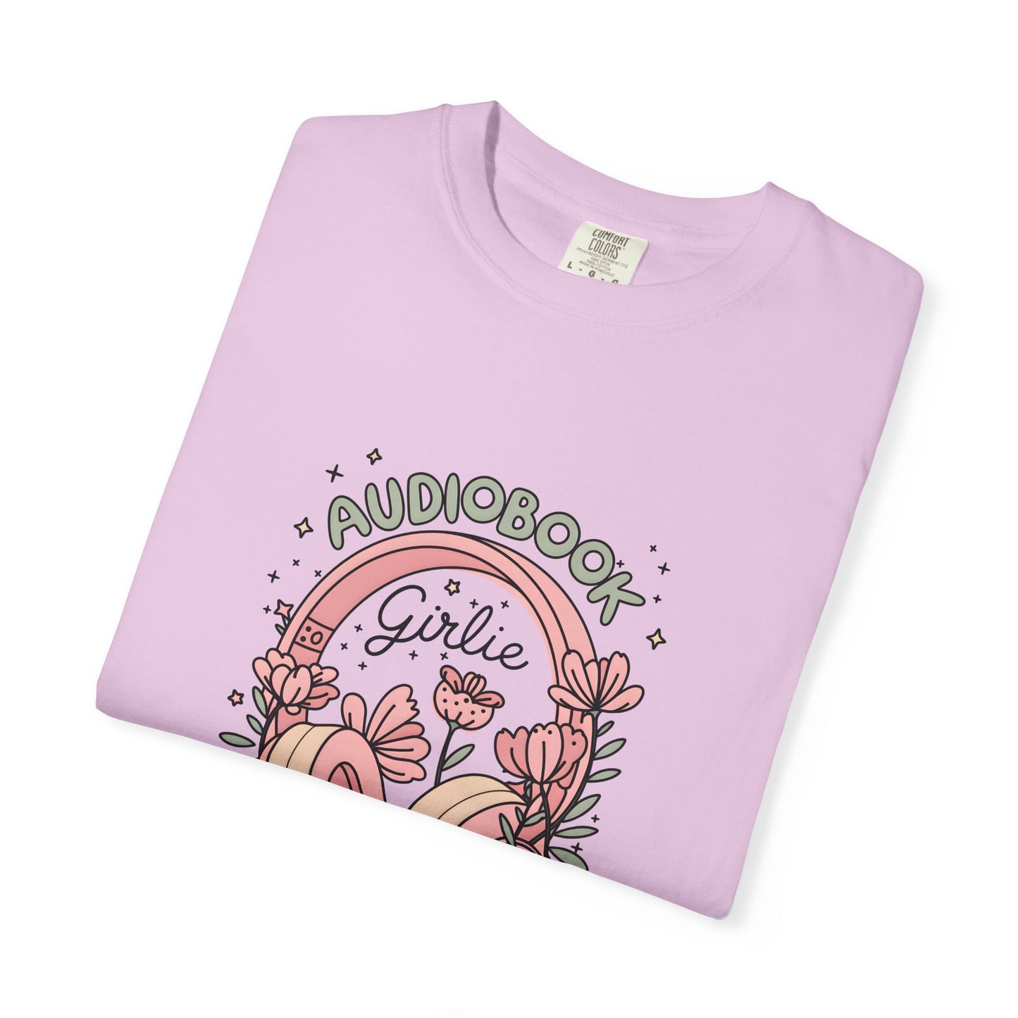 "Audiobook Girlie" T-Shirt — Floral Headphones Graphic Tee