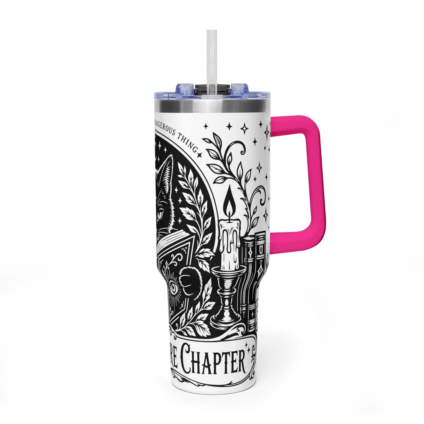 40oz Vacuum Tumbler — Black Cat "Just One More Chapter" Bookish Travel Mug