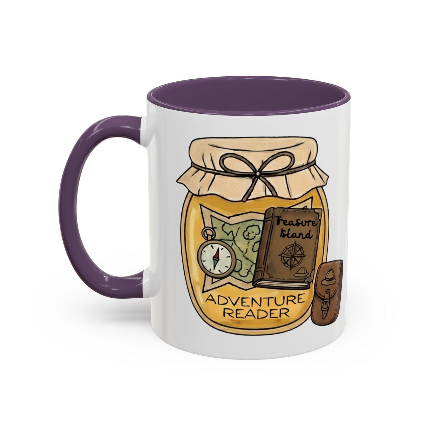"Adventure Reader" Accent Coffee Mug — Bookish Travel Compass & Treasure Jam Jar Design