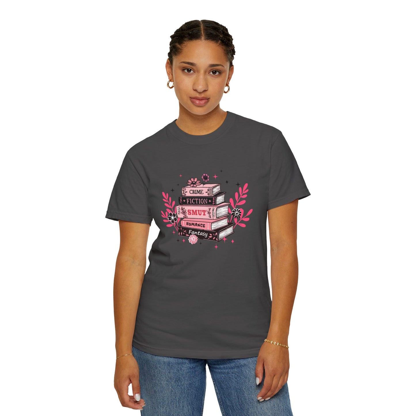 Book Stack Graphic T-Shirt — Cute Floral Reading Shirt (Crime, Fiction, Smut, Romance)