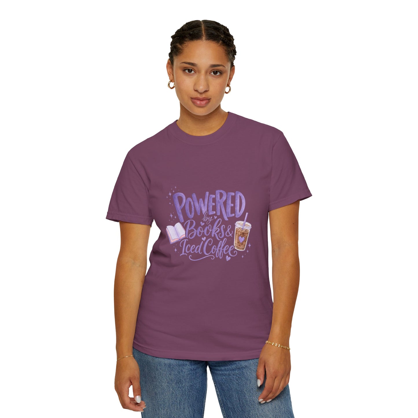 Book Lover T‑Shirt — "Powered by Books & Iced Coffee" Graphic Tee
