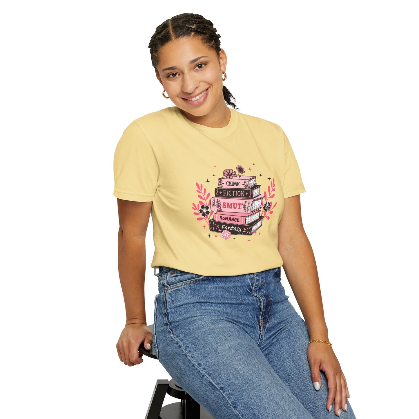 Book Stack Graphic T-Shirt — Cute Floral Reading Shirt (Crime, Fiction, Smut, Romance)