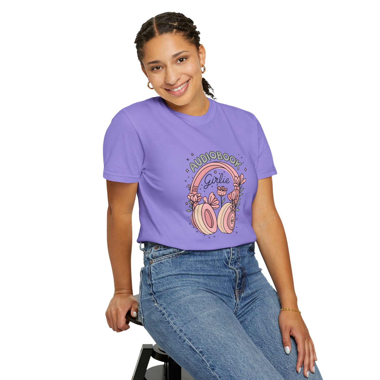 "Audiobook Girlie" T-Shirt — Floral Headphones Graphic Tee