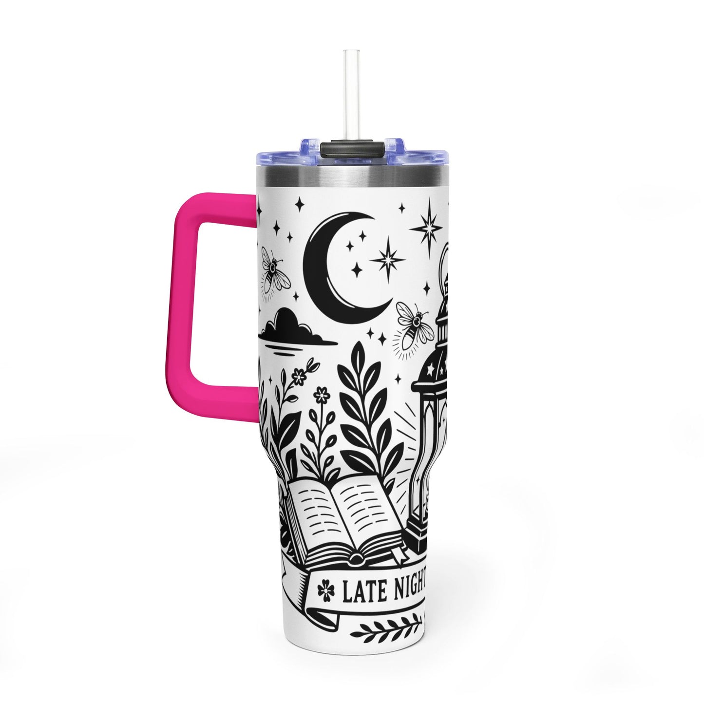 40oz Vacuum Tumbler — "Late Night Reading Club" Lantern & Moon Book Lover Travel Mug
