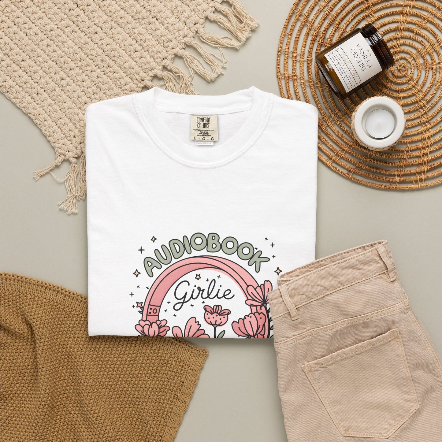 "Audiobook Girlie" T-Shirt — Floral Headphones Graphic Tee