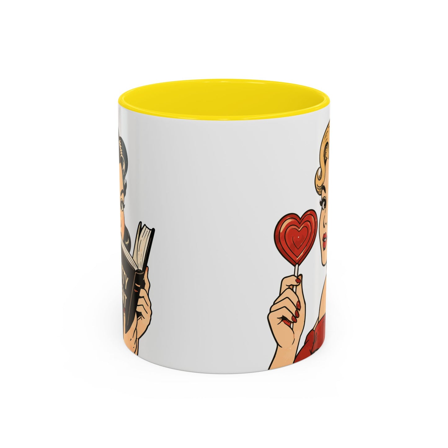 Retro Pin-Up Coffee Mug — Vintage Pop Art Woman with Heart Lollipop (11oz)