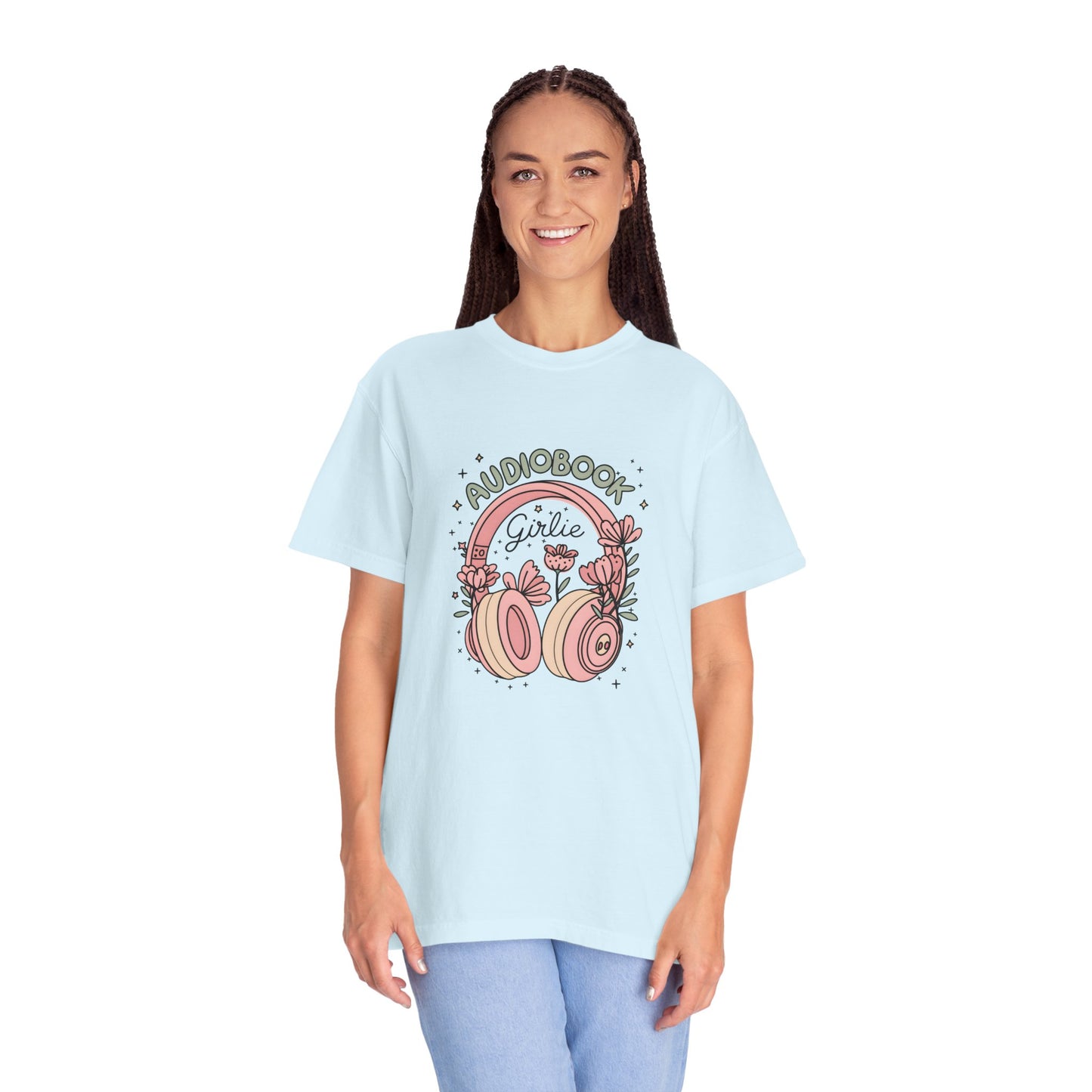 "Audiobook Girlie" T-Shirt — Floral Headphones Graphic Tee