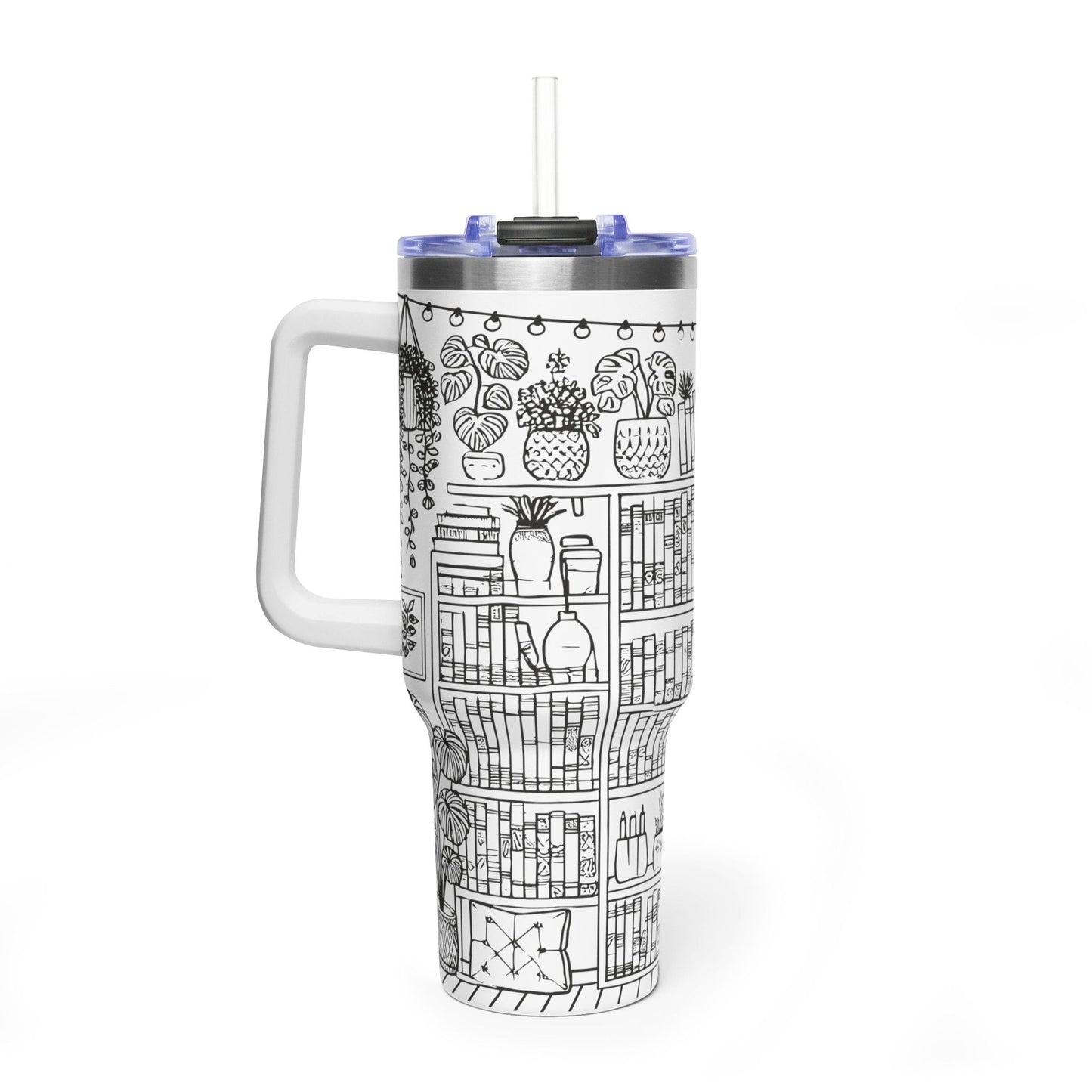 40oz Booklover Vacuum Tumbler – Illustrated Bookshelf Design