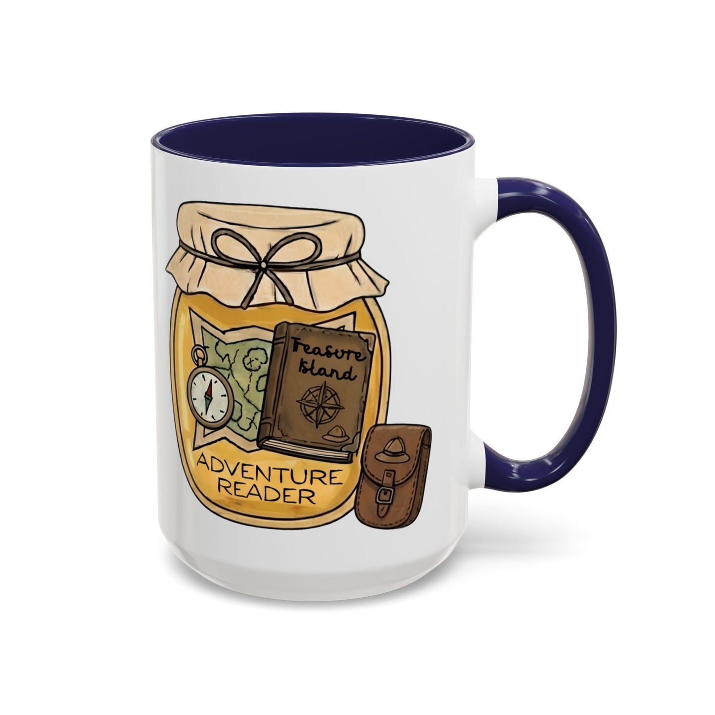 "Adventure Reader" Accent Coffee Mug — Bookish Travel Compass & Treasure Jam Jar Design