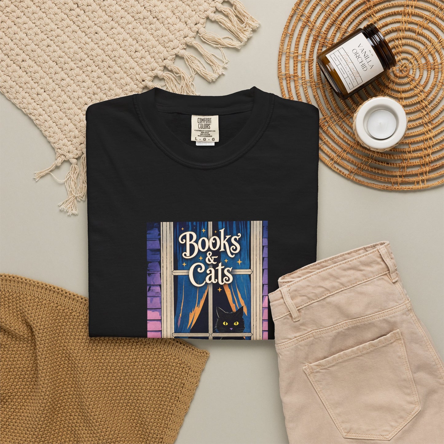 "Books & Cats" T-Shirt — Cozy Bookshop Window Graphic Tee