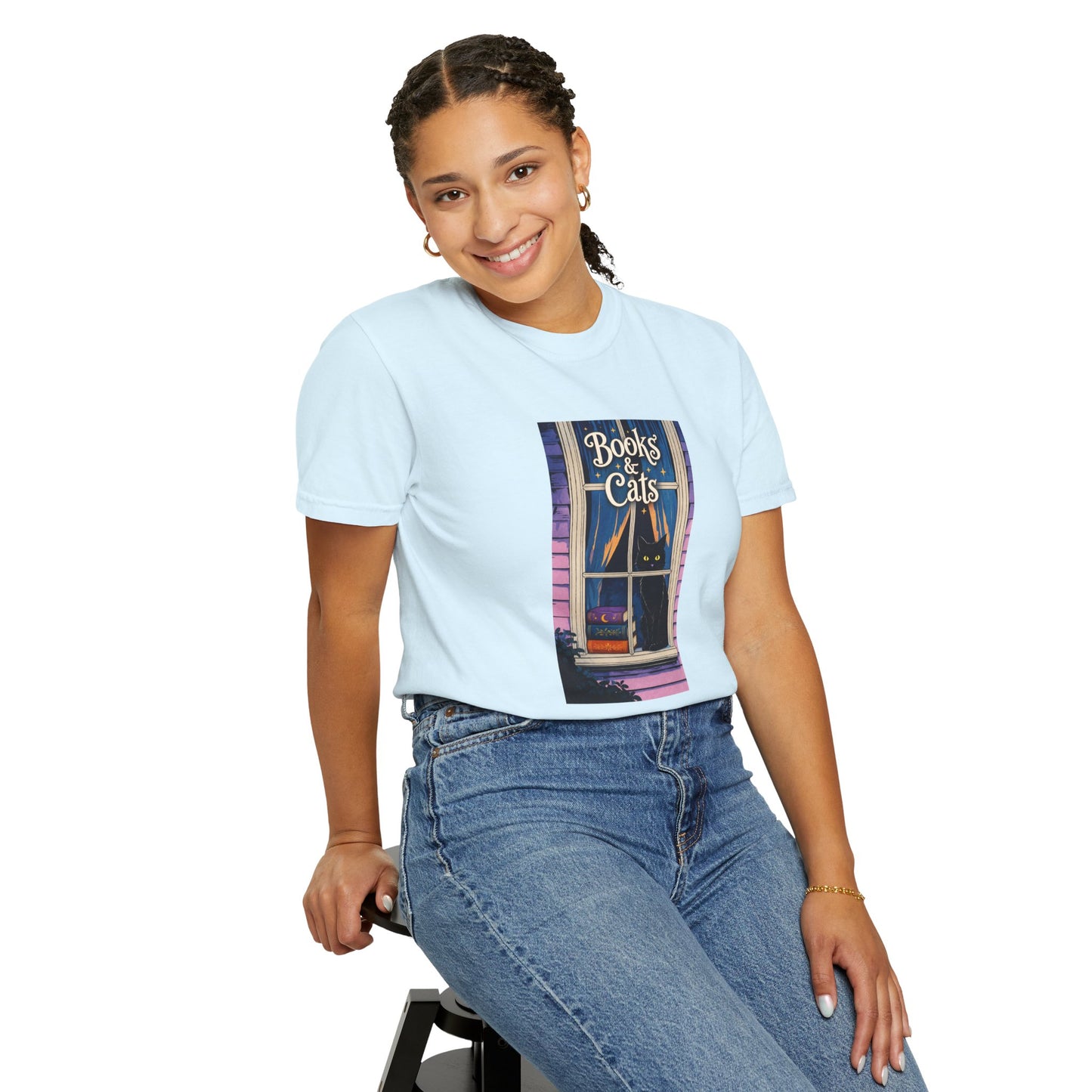 "Books & Cats" T-Shirt — Cozy Bookshop Window Graphic Tee