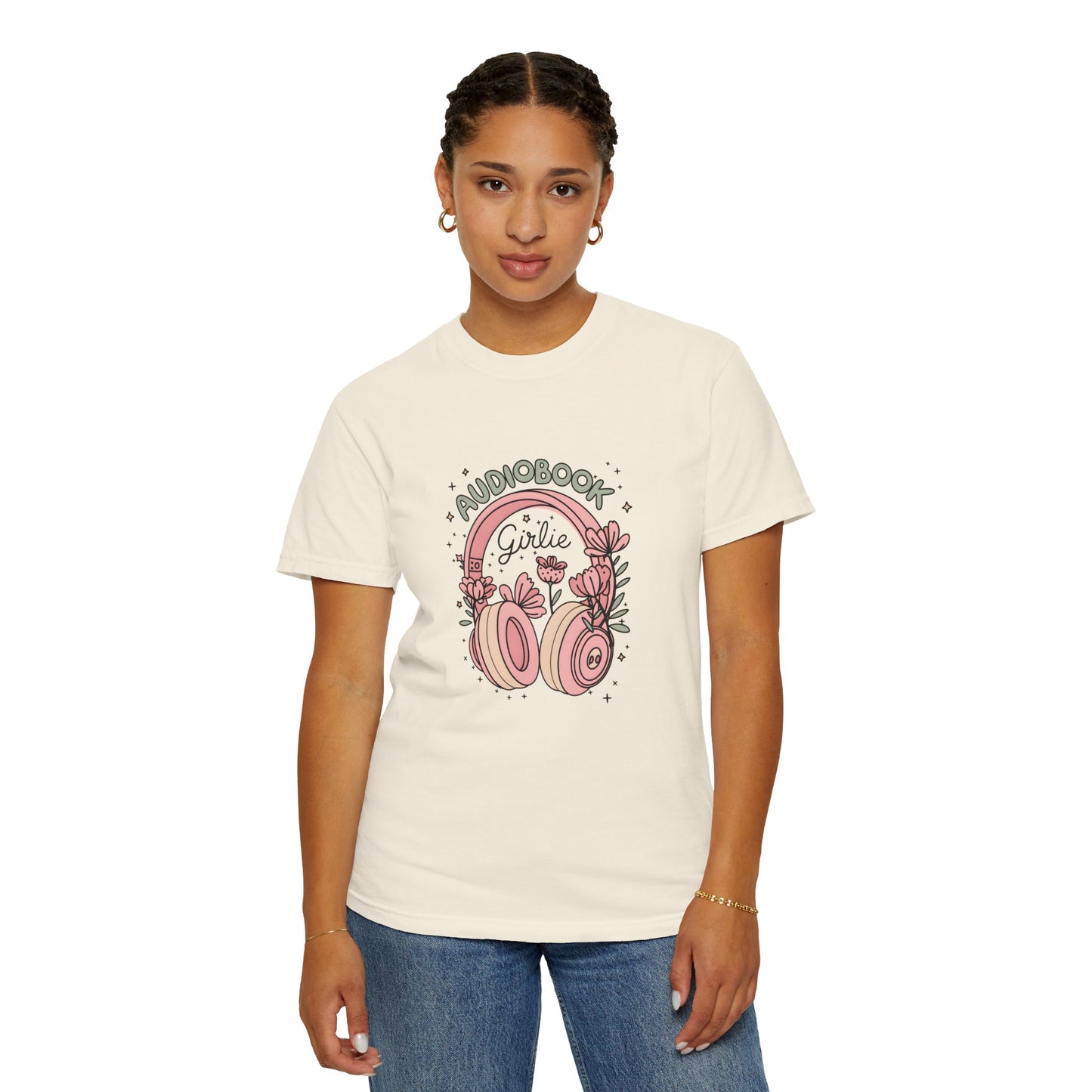 "Audiobook Girlie" T-Shirt — Floral Headphones Graphic Tee