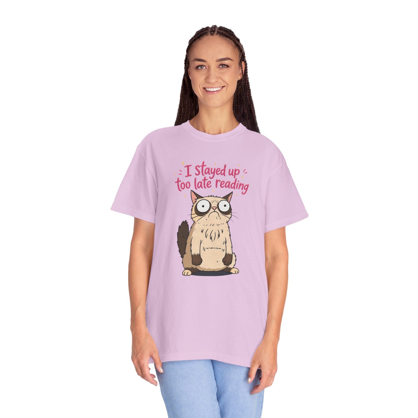 "I Stayed Up Too Late Reading" Cat T-Shirt — Cute Book Lover Graphic Tee