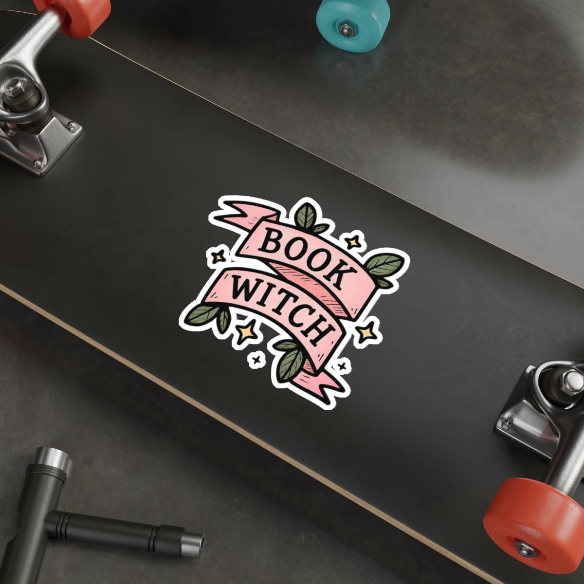 "Book Witch" Die-Cut Sticker — Cute Pink Banner, Floral Reading & Witchy Decal