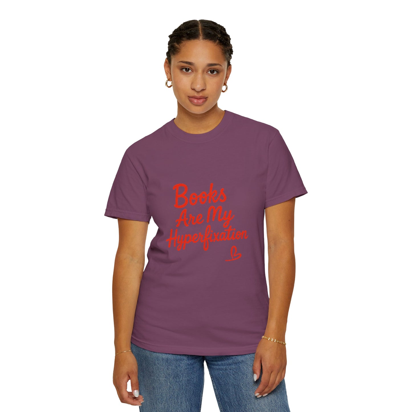 Books Are My Hyperfixation T-Shirt — Cute Red Script Reading Tee for Book Lovers