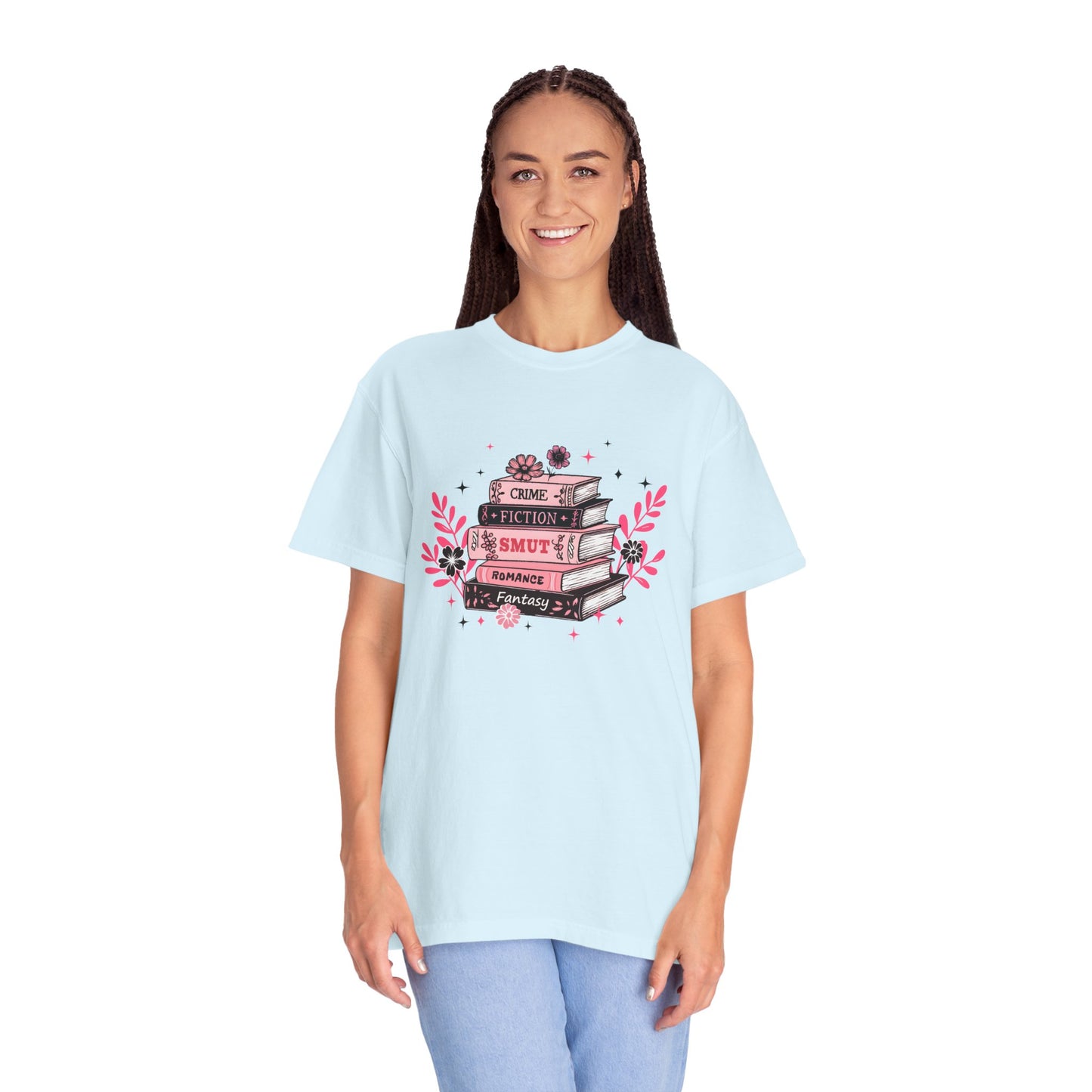 Book Stack Graphic T-Shirt — Cute Floral Reading Shirt (Crime, Fiction, Smut, Romance)