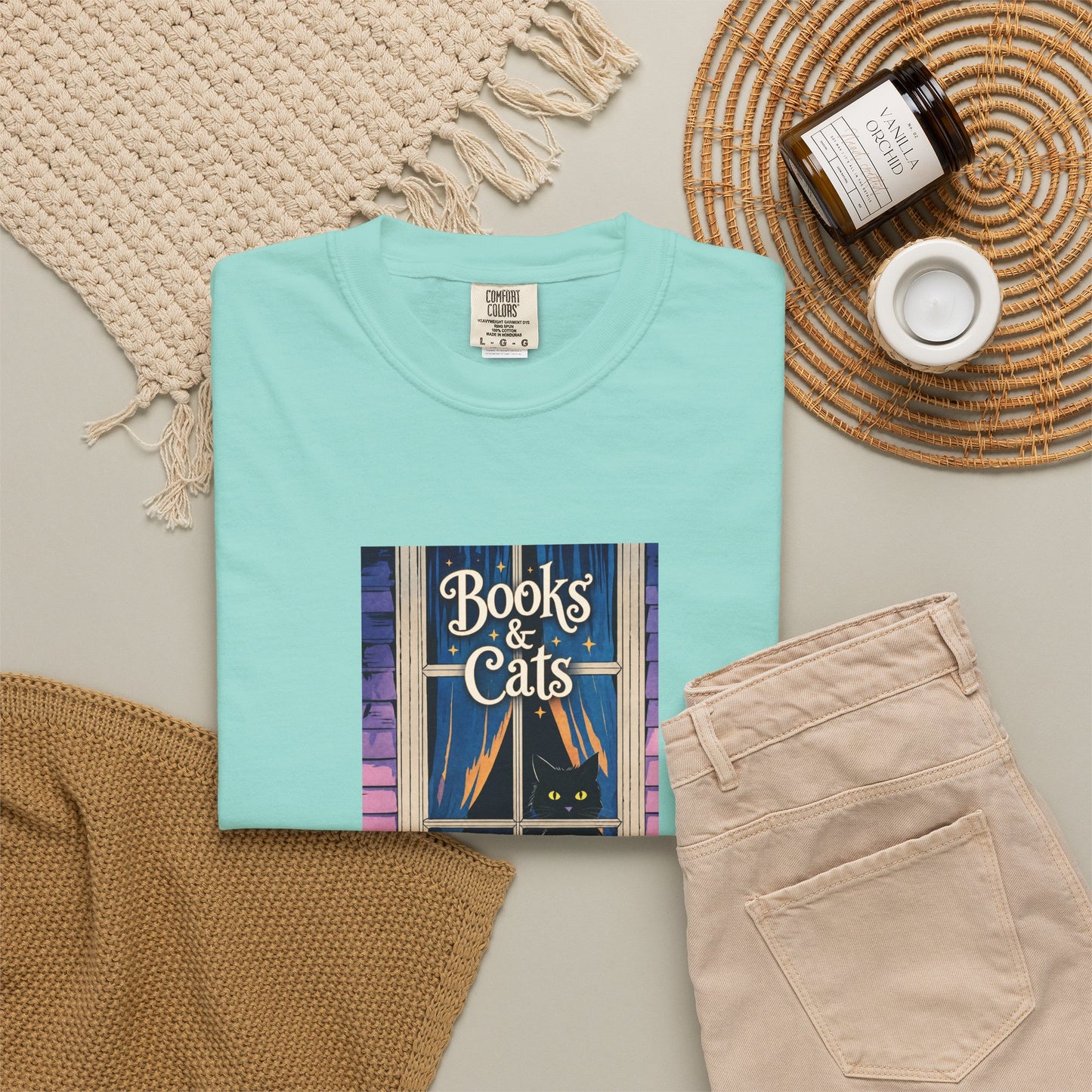 "Books & Cats" T-Shirt — Cozy Bookshop Window Graphic Tee