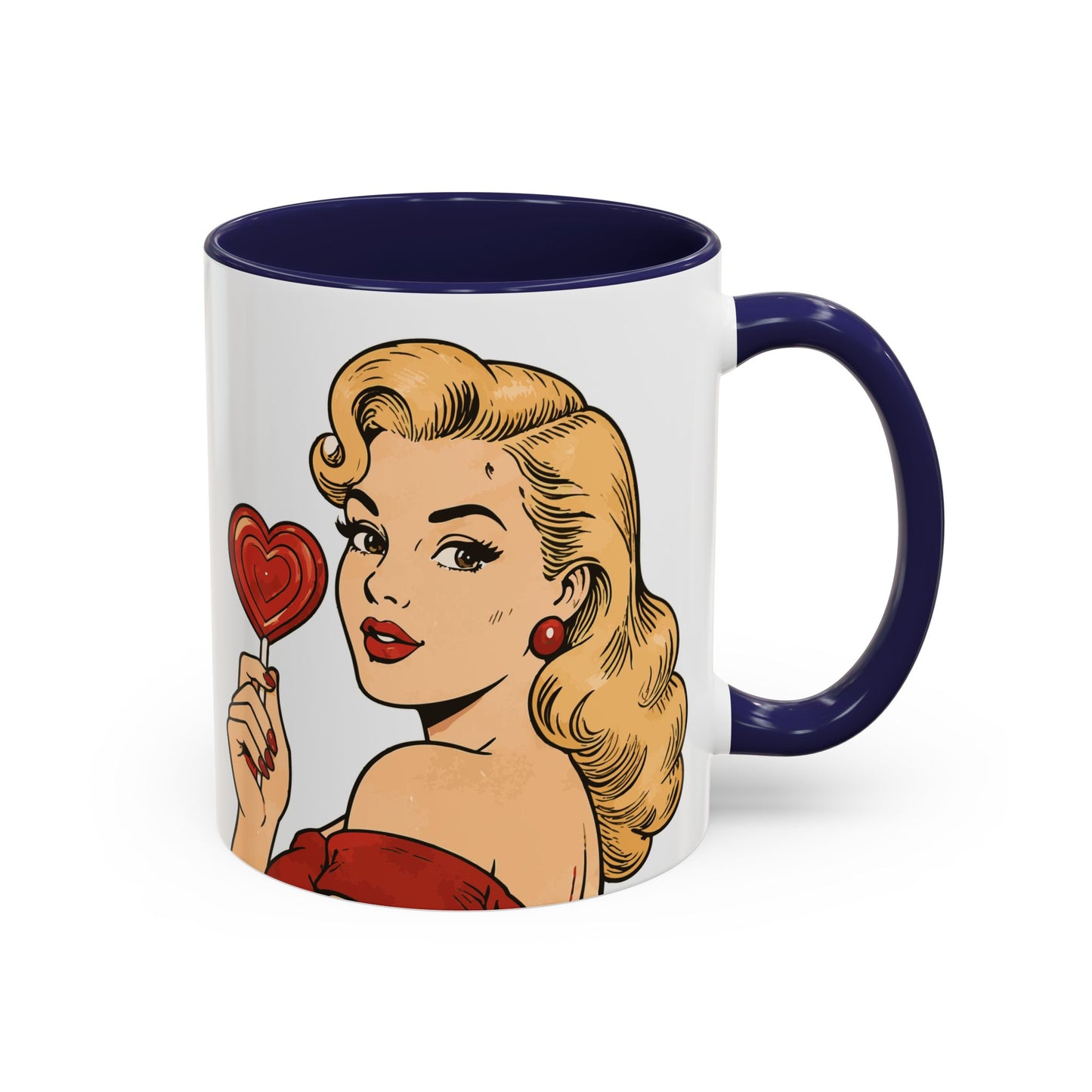 Retro Pin-Up Coffee Mug — Vintage Pop Art Woman with Heart Lollipop (11oz)