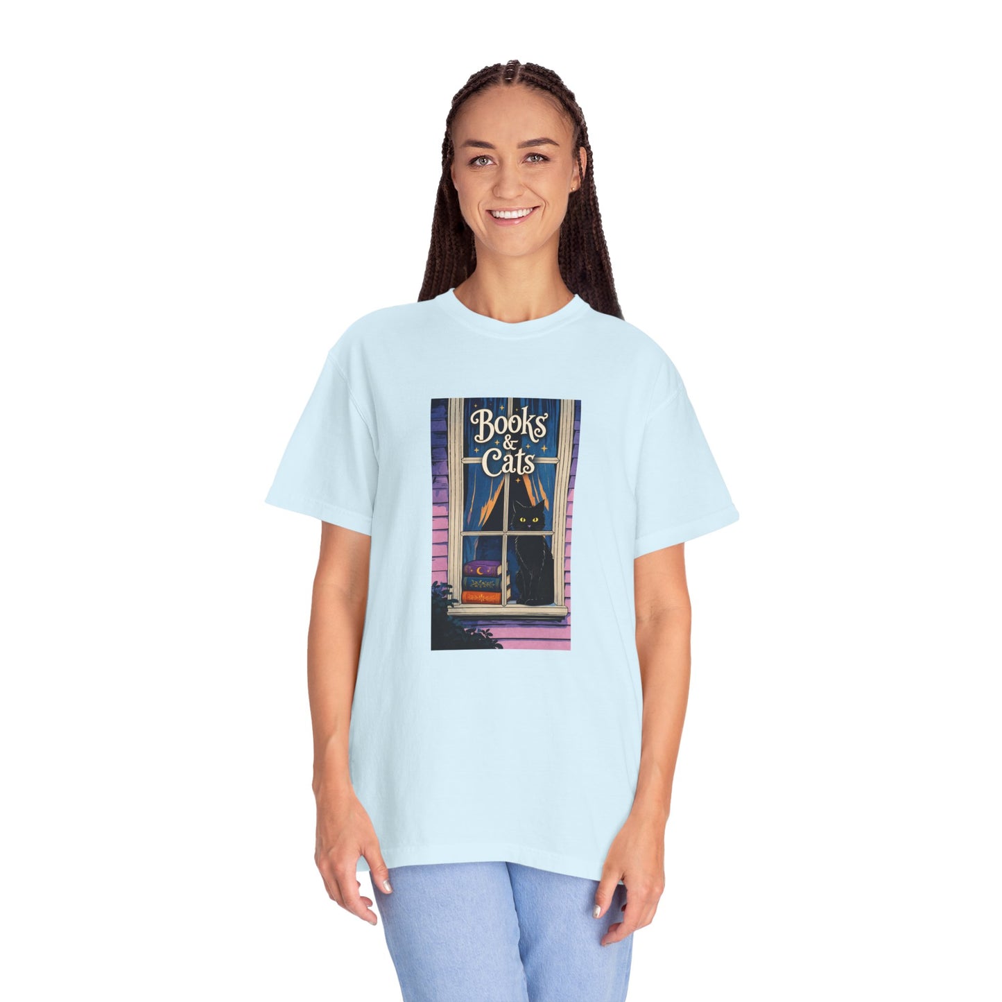 "Books & Cats" T-Shirt — Cozy Bookshop Window Graphic Tee