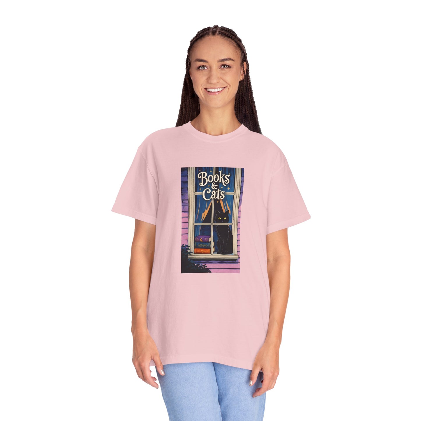 "Books & Cats" T-Shirt — Cozy Bookshop Window Graphic Tee