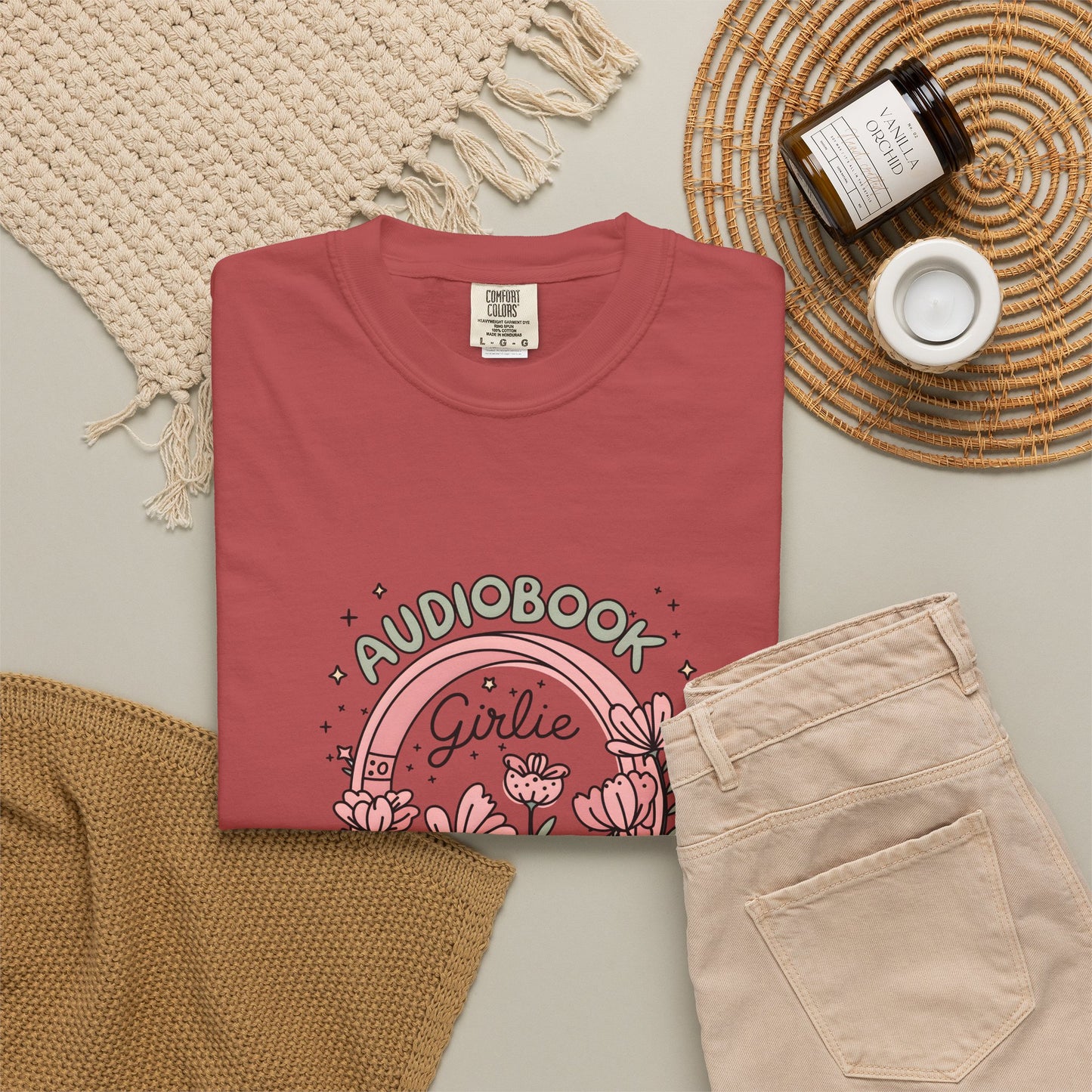 "Audiobook Girlie" T-Shirt — Floral Headphones Graphic Tee