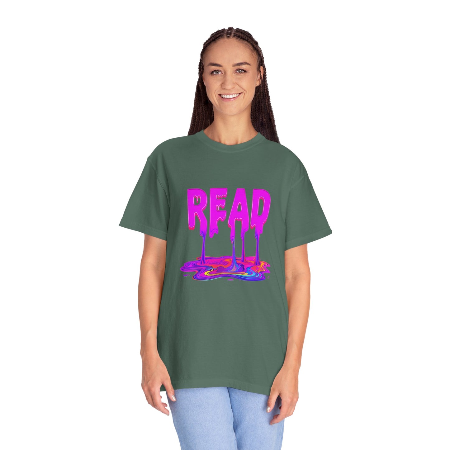 "READ" Dripping Graphic T-Shirt — Psychedelic Melting Book Design