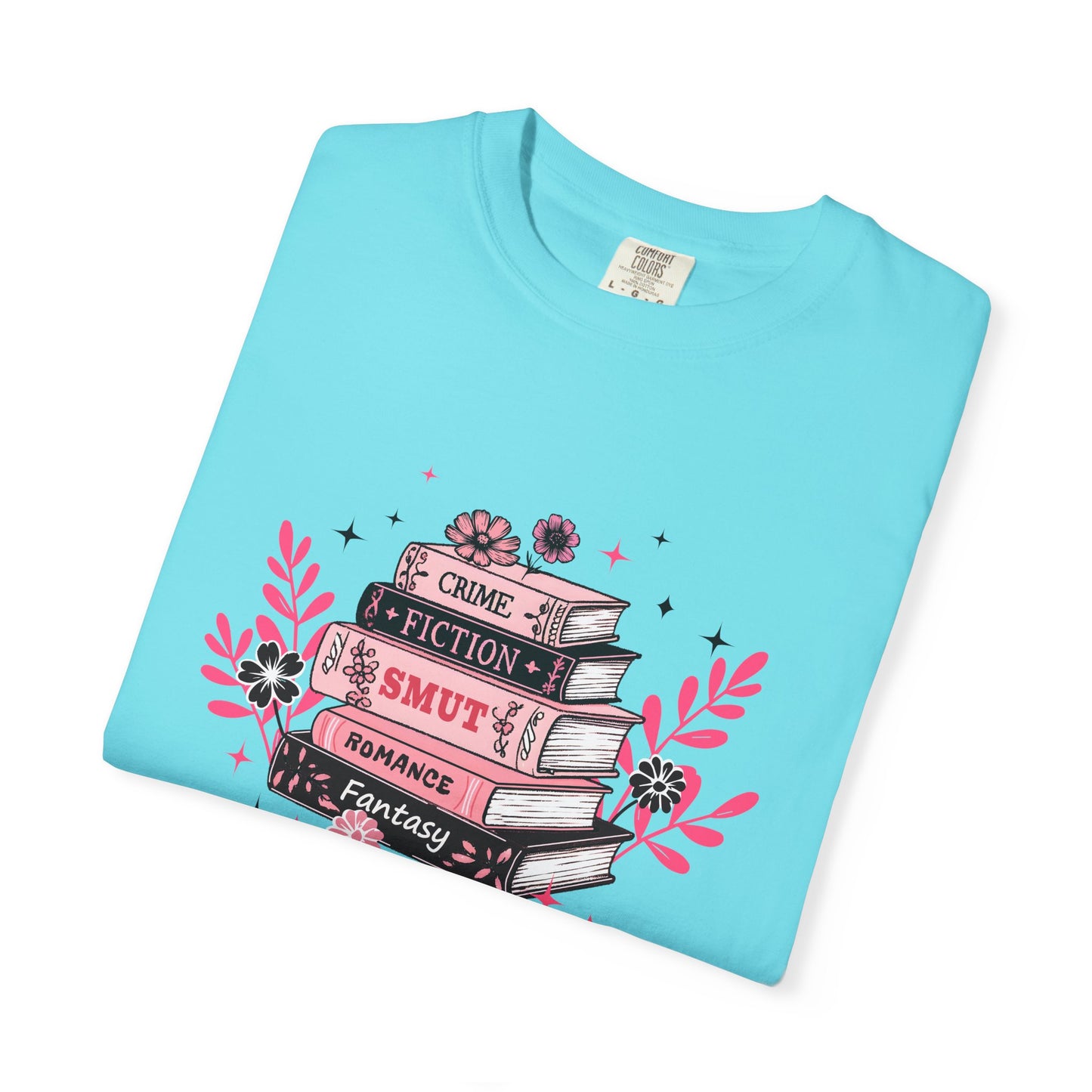 Book Stack Graphic T-Shirt — Cute Floral Reading Shirt (Crime, Fiction, Smut, Romance)